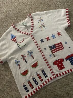 Quaker Factory USA Patriotic Button Cardigan with Red Trim